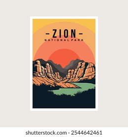 Zion National Park cartaz vetor ilustração design, canyon e cartaz de rio