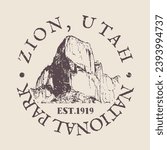 Zion, National Park, USA, Silhouette Postal Passport. Stamp Round Vector Icon. Design Travel Postmark. 