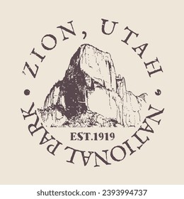 Zion, National Park, USA, Silhouette Postal Passport. Stamp Round Vector Icon. Design Travel Postmark. 