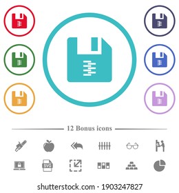 archivo comprimido zip iconos de color plano en contornos de forma circular. 12 íconos adicionales incluidos.