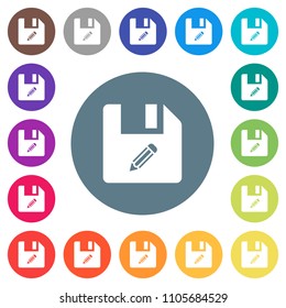 zip archive file flat white icons on round color backgrounds. 17 background color variations are included.