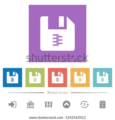 zip archive file flat white icons in square backgrounds. 6 bonus icons included.