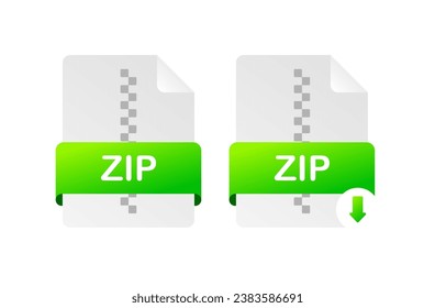 Iconos de archivo ZIP. Iconos planos, verdes y postales del documento. Iconos del vector