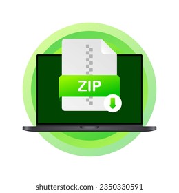 Zip archive on a laptop. Flat, green, zip archive, archive on a laptop. Vector illustration