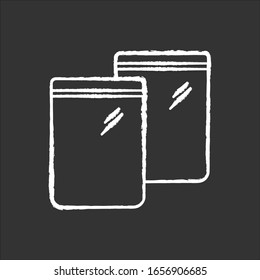 Zip bag chalk white icon on black background. Empty plastic transparent package. Food ziplock packet, pvc sachet. Snack waterproof pouch. Isolated vector chalkboard illustration