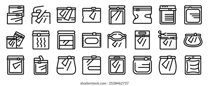 Conjunto de iconos de bolsa de cremallera. Conjunto de iconos de bolsa de cremallera de vacío. Conjunto de iconos de vector de bolso de cremallera de vacío para Diseño web aislado sobre fondo blanco