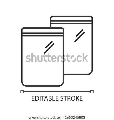 Zip bag pixel perfect linear icon. Customizable thin line contour symbols. Empty plastic package. Food ziplock packet, pvc sachet. Snack pouch. Vector isolated outline drawing. Editable strokes