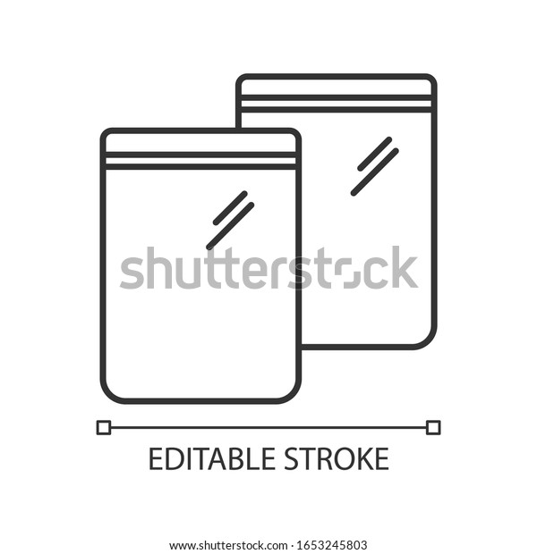Zip bag pixel perfect linear icon. Customizable\
thin line contour symbols. Empty plastic package. Food ziplock\
packet, pvc sachet. Snack pouch. Vector isolated outline drawing.\
Editable strokes