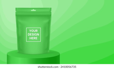 Zip bag or pouch mockup on a neon green abstract background. Wavy pattern and gradient shades, dynamic curve shape. Vector illustration with editable colors. Product display. Foil bag, plastic sachet