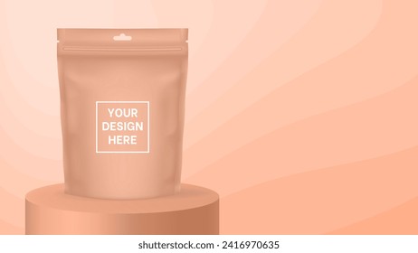 Zip bag or pouch mockup on a peach beige abstract background. Wavy pattern and gradient shades, dynamic curve shape. Vector illustration with editable colors. Product display. Foil bag, plastic sachet
