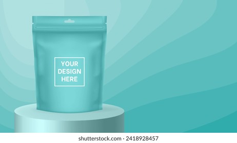 Zip bag or pouch mockup on a aquamarine green abstract background. Wavy pattern and gradient shades. Vector illustration with editable colors. Product display. Foil bag, plastic sachet