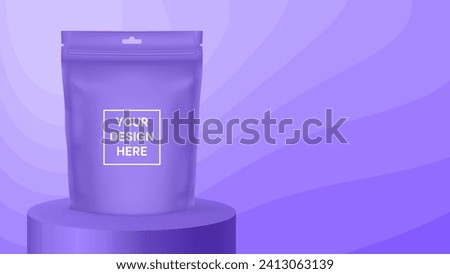 Zip bag or pouch mockup on a purple abstract background. Wavy pattern and gradient shades, dynamic curve shape. Vector illustration with editable colors. Product display. Foil bag, plastic sachet