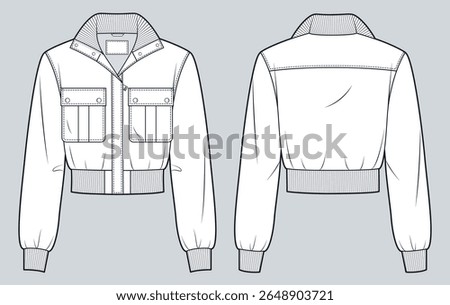 Zip Up Bomber Jacket Technical Fashion Illustration. Utility Jacket technical fashion illustration, patch pocket, ribbed hem and collar, front and back view, white, women, men, unisex CAD mockup.