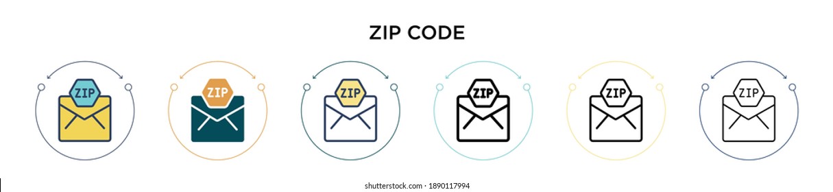 Zip code icon in filled, thin line, outline and stroke style. Vector illustration of two colored and black zip code vector icons designs can be used for mobile, ui, web