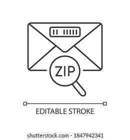 Zip code linear icon. Post office service, correspondence thin line customizable illustration. Letter with location ID. Contour symbol. Vector isolated outline drawing. Editable stroke