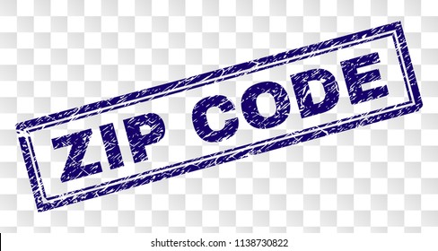 ZIP CODE stamp seal print with scratched style and double framed rectangle shape. Stamp is placed on a transparent background. Blue vector rubber print of ZIP CODE text with scratched texture.
