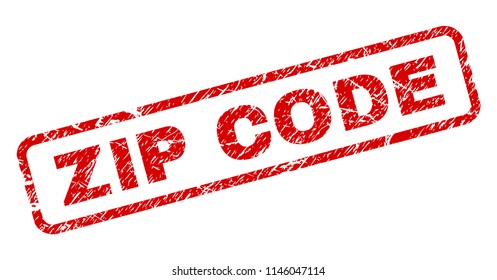 ZIP CODE stamp seal print with grunge style. Red vector rubber print of ZIP CODE tag with corroded texture. Text tag is placed inside rounded rectangle frame.