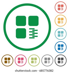 Zip component flat color icons in round outlines on white background
