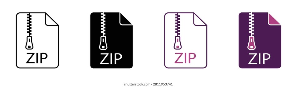 ZIP extension file icon set isolated on white background. Vector illustration.