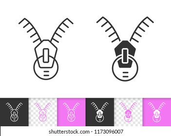 Zip Fastener black linear and silhouette icons. Thin line sign of zipper. Fastening outline pictogram isolated on white, transparent background. Vector Icon shape. Zip Fastener simple symbol closeup