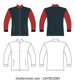 Zip fastener turleneck jacket man template (front, back views), vector illustration isolated on  background