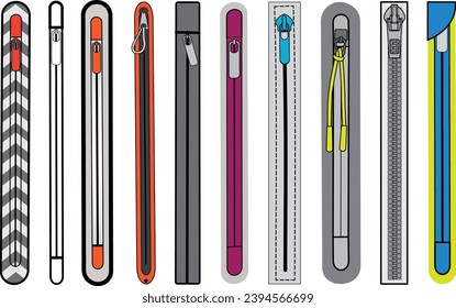 Zip fastener with Zipper puller flat sketch vector illustrator. Set of water proof invisible Zip pocket types for  Shorts, Pants, dress garments, bags, jackets Clothing and Accessories