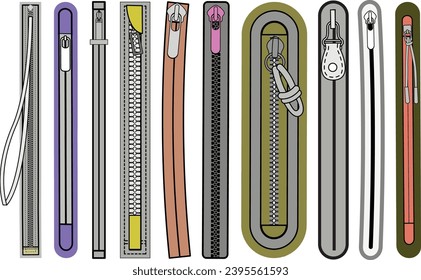 Zip fastener with Zipper puller flat sketch vector illustrator. Set of water proof invisible Zip pocket types for  Shorts, Pants, dress garments, bags, jackets Clothing and Accessories