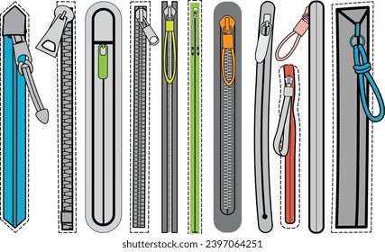 Zip fastener with Zipper puller flat sketch vector illustrator. Set of water proof invisible Zip pocket types for  Shorts, Pants, dress garments, bags, jackets Clothing and Accessories