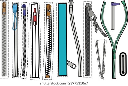 Zip fastener with Zipper puller flat sketch vector illustrator. Set of water proof invisible Zip pocket types for  Shorts, Pants, dress garments, bags, jackets Clothing and Accessories