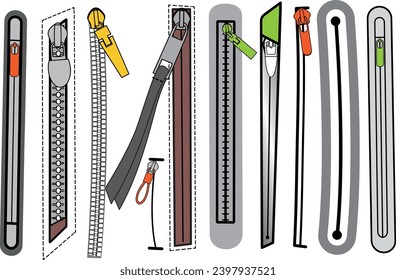 Zip fastener with Zipper puller flat sketch vector illustrator. Set of water proof invisible Zip pocket types for  Shorts, Pants, dress garments, bags, jackets Clothing and Accessories