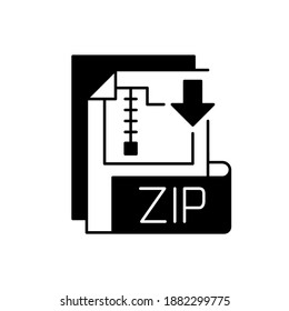 Archivo ZIP icono lineal negro. Formato de archivo binario de compresión sin pérdidas. Cifrado, empaquetado, administración de archivos. Algoritmo de compresión Zip. Símbolo de contorno en el espacio blanco. Ilustración aislada del vector