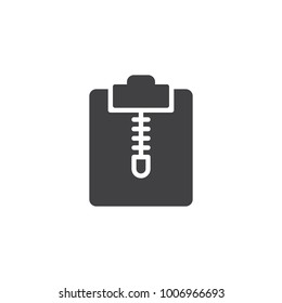 Zip file clipboard icon vector, filled flat sign, solid pictogram isolated on white. Symbol, logo illustration.