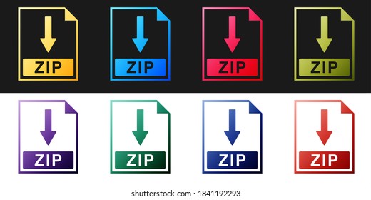ZIP file document icon set. Download ZIP button icons isolated on black and white background. Vector.