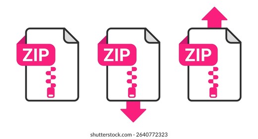 ZIP File Download and Upload Icon Set with Pink Arrow Symbol on Transparent Background for Compressed File Transfer, Data Sharing and Archive Exchange Vector Illustration