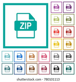 ZIP file format flat color icons with quadrant frames on white background
