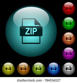 ZIP file format icons in color illuminated spherical glass buttons on black background. Can be used to black or dark templates