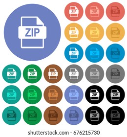 ZIP file format multi colored flat icons on round backgrounds. Included white, light and dark icon variations for hover and active status effects, and bonus shades on black backgounds.
