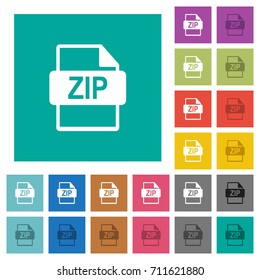 ZIP file format multi colored flat icons on plain square backgrounds. Included white and darker icon variations for hover or active effects.