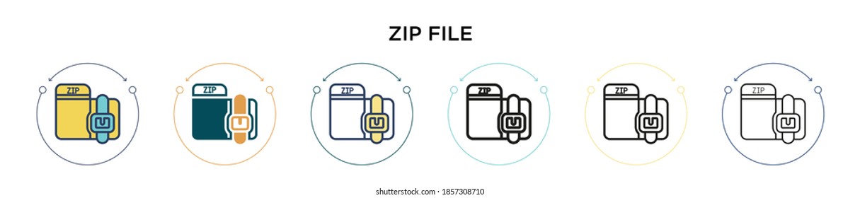 Zip file icon in filled, thin line, outline and stroke style. Vector illustration of two colored and black zip file vector icons designs can be used for mobile, ui, web