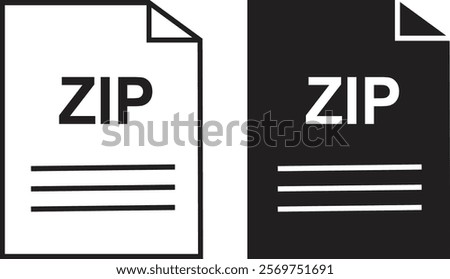 ZIP file icon set. ZIP file type symbol. File ZIP format icon in black filled and outlined style isolated on transparent background. Ideal for technology or data related content, vector illustration.