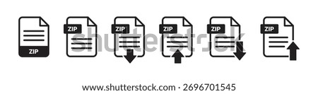 ZIP file icons with download and upload arrows, representing compressed file management, transfer, and digital content sharing