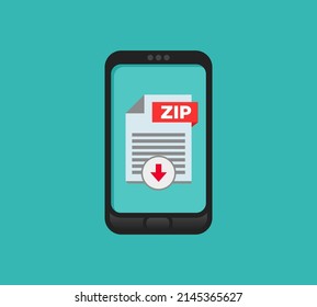 Zip file on smartphone screen. Hand holds smartphone, finger touches screen. Download, open zip archive on phone, mobile device. Modern graphic for web banner, website. Flat design vector illustration