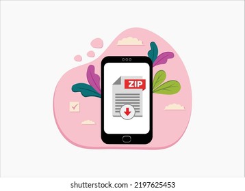Zip file on smartphone screen. Hand holds smartphone, finger touches screen. Download, open zip archive on phone, mobile device. Modern graphic for web banner, website. Flat design vector illustration