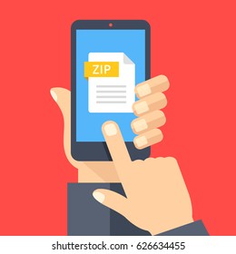 Zip file on smartphone screen. Hand holds smartphone, finger touches screen. Download, open zip archive on phone, mobile device. Modern graphic for web banner, website. Flat design vector illustration