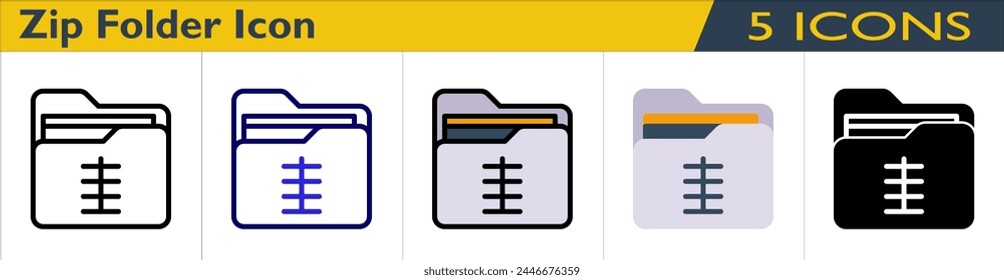 Zip Folder icon with 5 styles (outline, color outline, color lineal, color and solid)