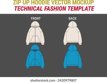 Zip Up Hooded Sweatshirt Zip Sweatshirt Flat Technical Drawing Illustration Streetwear Zip Up Hoodie Fashion Vector Mock up Template Zip Hoodie Flat Illustration Unisex Sweatshirt Hoodie Vector