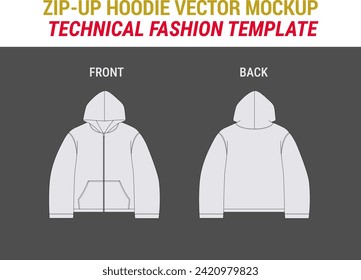 Zip Up Hooded Sweatshirt Zip Sweatshirt Flat Technical Drawing Illustration Streetwear Baggy Hoodie Fashion Vector Mock-up Template Zip Up Hoodie Flat Illustration Unisex Sweatshirt Hoodie Vector