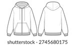 Zip up Hoodie Jacket- Flat Technical Drawing -Front and Back View- Cad, Vector Illustration