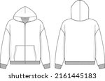 Zip up hoodie sweatshirt flat technical drawing illustration mock-up template for design and tech packs men or unisex fashion CAD streetwear women.