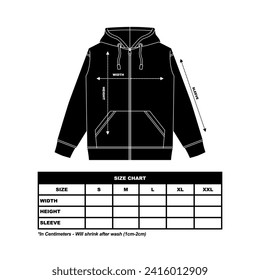 Gráfica de tamaño de sudaderas con capucha. ilustración de vector plano de la moda de dibujo técnico